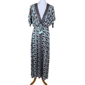 Omika Boho Maxi Dress Aqua Brown Floral Resort Vacation One Size
